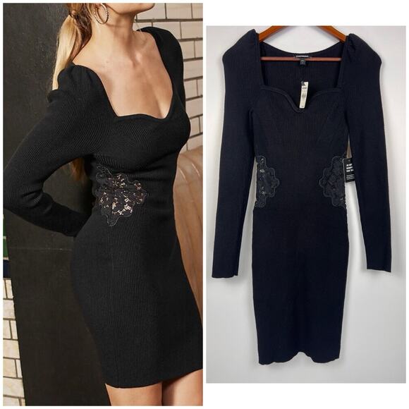 NEW EXPRESS S BLACK PUFF SHOULDER LACE PIECED BODY CONTOUR SWEATER DRESS - Picture 6 of 11